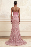 Laden Sie das Bild in den Galerie-Viewer, Meerjungfrauenrosa trägerloses Korsett mit baskischer Taille lange Abschlussballkleid mit 3D-Blumen