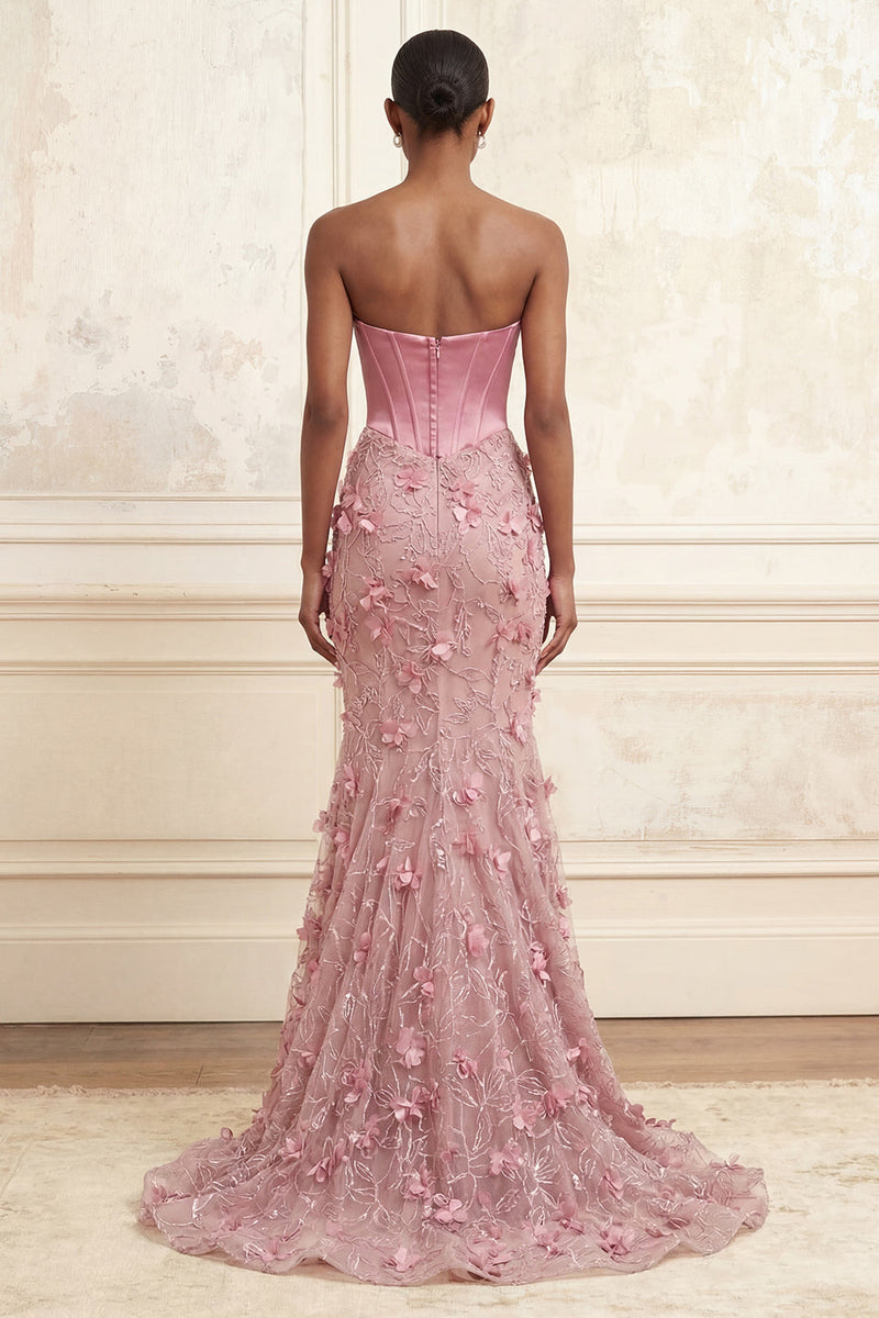 Laden Sie das Bild in den Galerie-Viewer, Meerjungfrauenrosa trägerloses Korsett mit baskischer Taille lange Abschlussballkleid mit 3D-Blumen