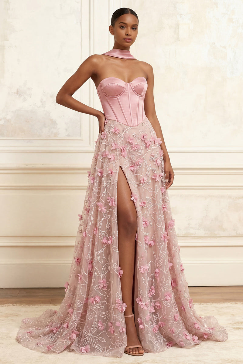 Laden Sie das Bild in den Galerie-Viewer, A-Line Pink Sweetheart Corset 3D Flowers Langball-Kleid mit Schlitz