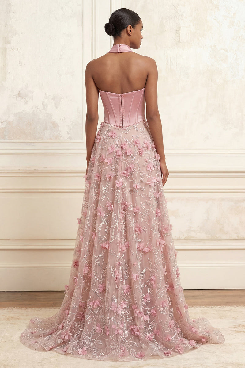 Laden Sie das Bild in den Galerie-Viewer, A-Line Pink Sweetheart Corset 3D Flowers Langball-Kleid mit Schlitz