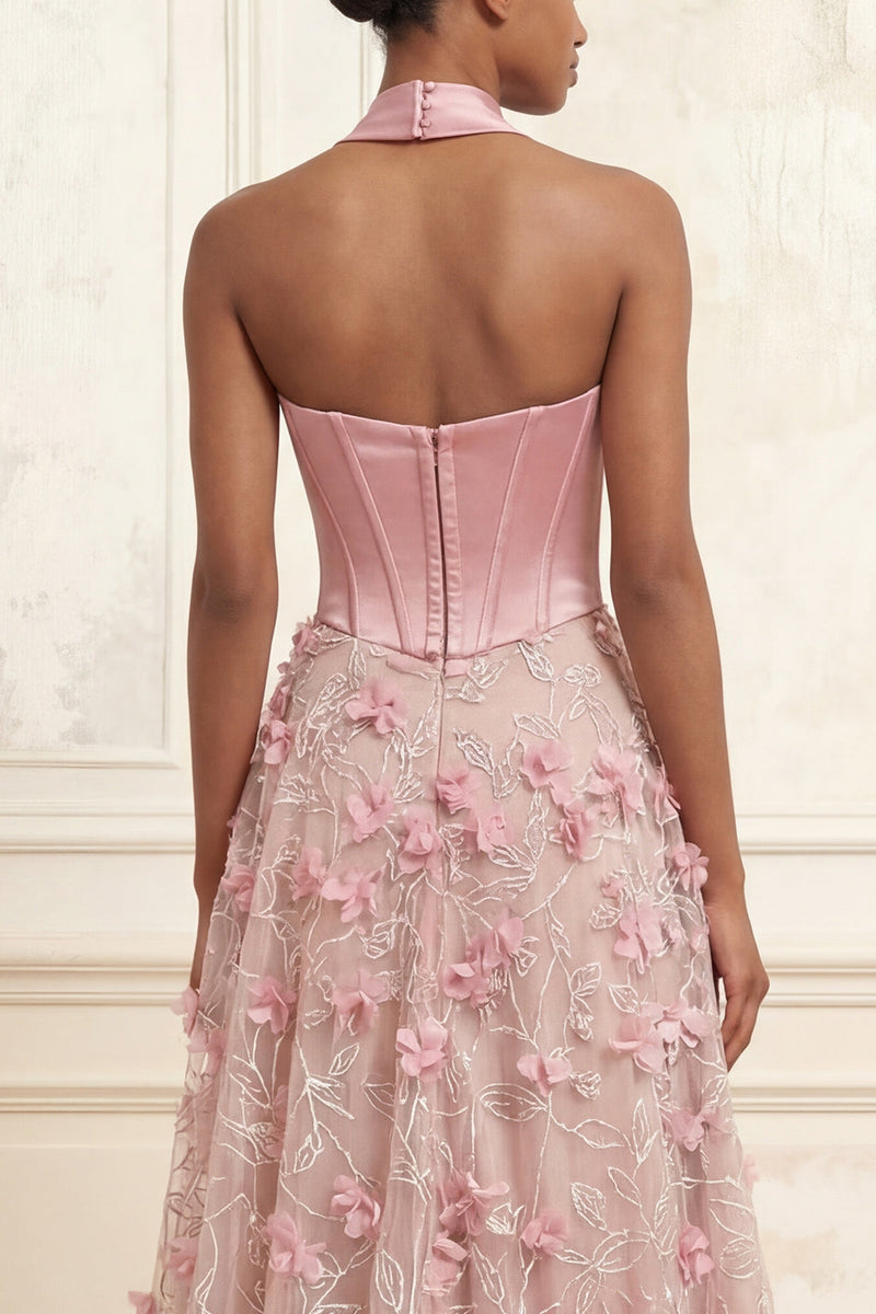 Laden Sie das Bild in den Galerie-Viewer, A-Line Pink Sweetheart Corset 3D Flowers Langball-Kleid mit Schlitz