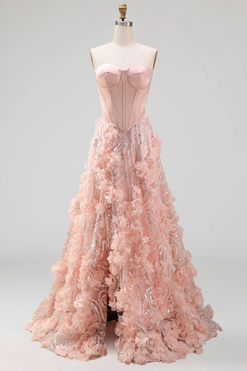 Laden Sie das Bild in den Galerie-Viewer, Rouge-A-Linie trägerloses Korsett, Pailletten Basque-Taille geblümtes langes Abschlussballkleid mit Schlitz