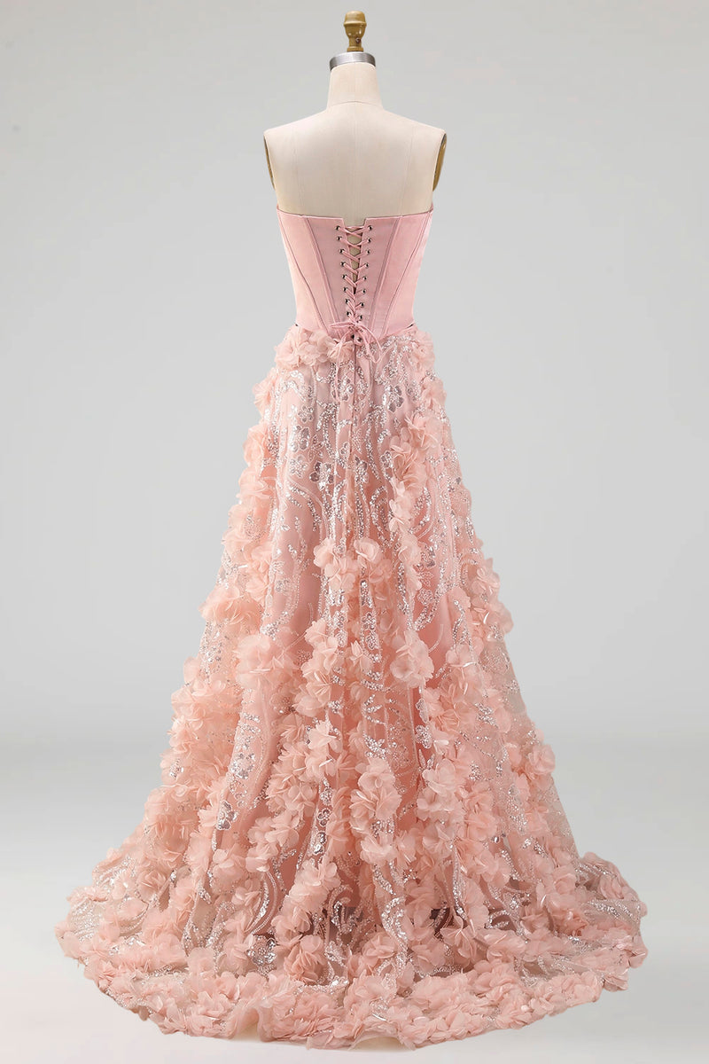 Laden Sie das Bild in den Galerie-Viewer, Rouge-A-Linie trägerloses Korsett, Pailletten Basque-Taille geblümtes langes Abschlussballkleid mit Schlitz