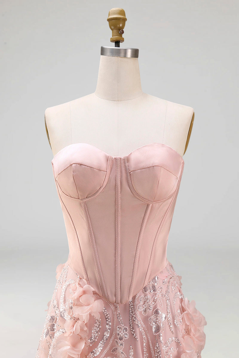 Laden Sie das Bild in den Galerie-Viewer, Rouge-A-Linie trägerloses Korsett, Pailletten Basque-Taille geblümtes langes Abschlussballkleid mit Schlitz