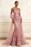 Laden Sie das Bild in den Galerie-Viewer, Glitzerndes rosa Meerjungfrauen-Trägerloses Pailletten-Langballkleid mit Umhang