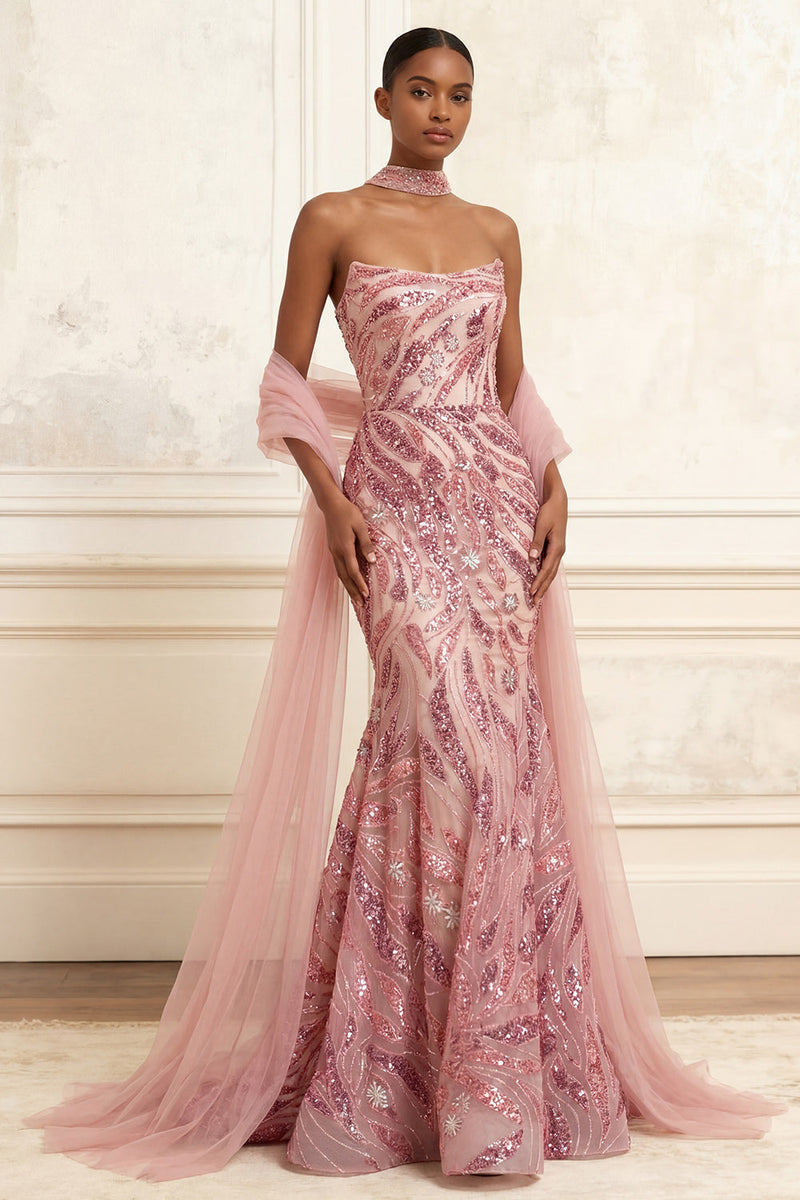 Laden Sie das Bild in den Galerie-Viewer, Glitzerndes rosa Meerjungfrauen-Trägerloses Pailletten-Langballkleid mit Umhang