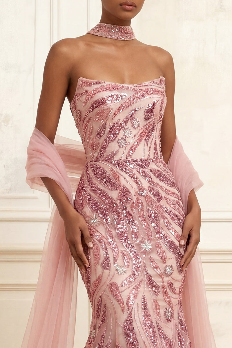 Laden Sie das Bild in den Galerie-Viewer, Glitzerndes rosa Meerjungfrauen-Trägerloses Pailletten-Langballkleid mit Umhang