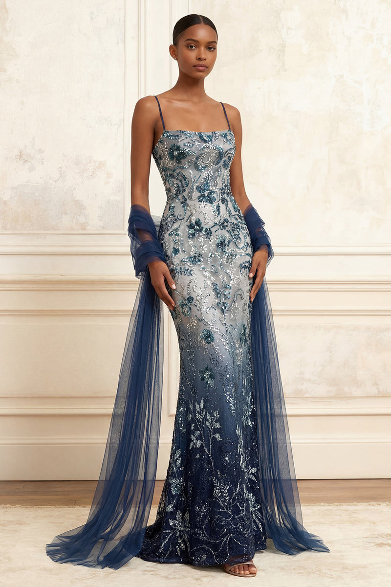Laden Sie das Bild in den Galerie-Viewer, Glitzerndes Marineblaues Meerjungfrauen Pailletten Langes Abschlussballkleid mit Umhang