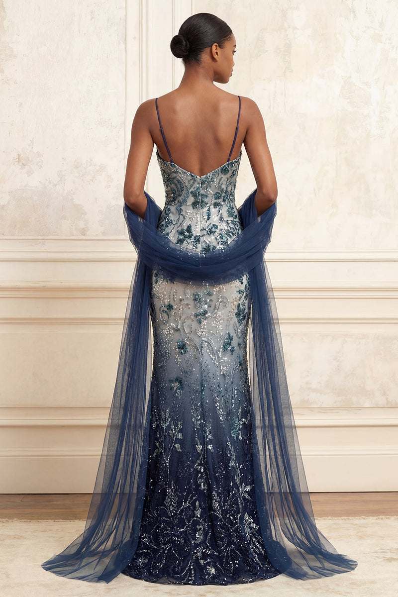 Laden Sie das Bild in den Galerie-Viewer, Glitzerndes Marineblaues Meerjungfrauen Pailletten Langes Abschlussballkleid mit Umhang