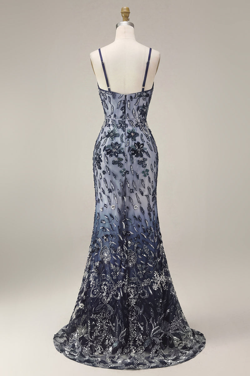 Laden Sie das Bild in den Galerie-Viewer, Glitzerndes Marineblaues Meerjungfrauen Pailletten Langes Abschlussballkleid mit Umhang
