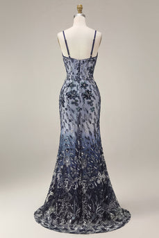 Umbre-Pailletten-Langballkleid mit Blumenstickerei und Tüllschal