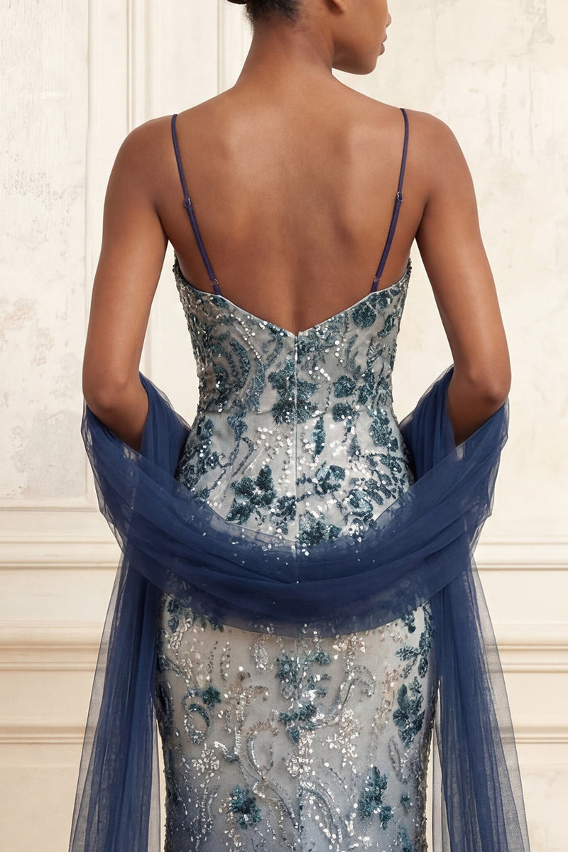 Laden Sie das Bild in den Galerie-Viewer, Glitzerndes Marineblaues Meerjungfrauen Pailletten Langes Abschlussballkleid mit Umhang