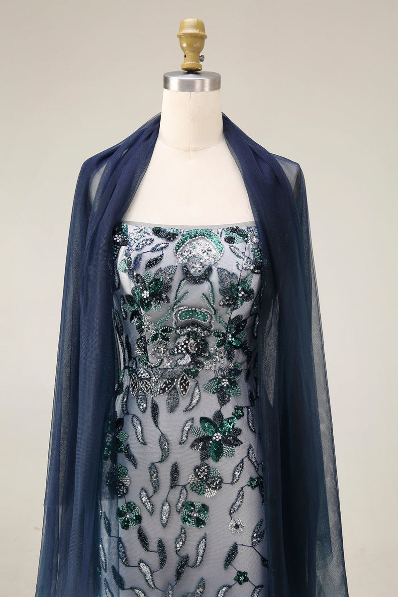 Laden Sie das Bild in den Galerie-Viewer, Umbre-Pailletten-Langballkleid mit Blumenstickerei und Tüllschal