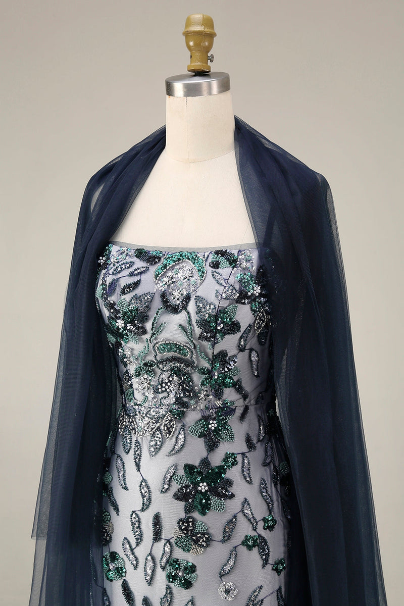 Laden Sie das Bild in den Galerie-Viewer, Umbre-Pailletten-Langballkleid mit Blumenstickerei und Tüllschal