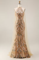 Laden Sie das Bild in den Galerie-Viewer, Glitzerndes Meerjungfrauen-Champagner-Neckholderhals-Pailletten-Langballkleid mit Umhang