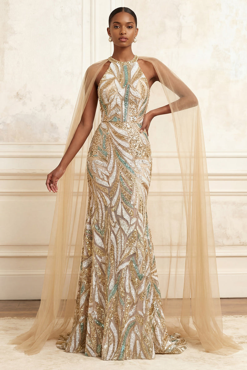 Laden Sie das Bild in den Galerie-Viewer, Glitzerndes Champagner-Halter-Meerjungfrauen-Pailletten Langes Abendkleid