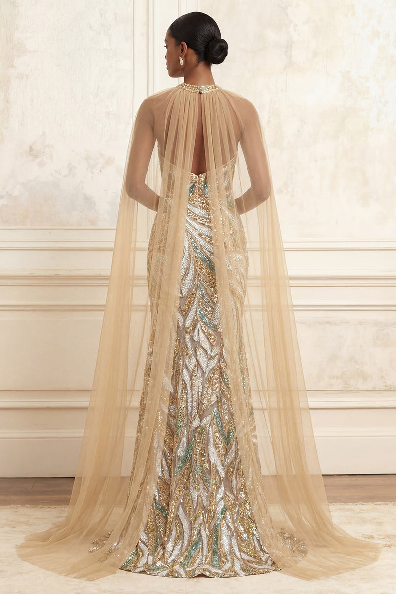 Laden Sie das Bild in den Galerie-Viewer, Glitzerndes Champagner-Halter-Meerjungfrauen-Pailletten Langes Abendkleid