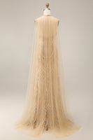 Laden Sie das Bild in den Galerie-Viewer, Glitzerndes Meerjungfrauen-Champagner-Neckholderhals-Pailletten-Langballkleid mit Umhang