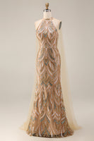 Laden Sie das Bild in den Galerie-Viewer, Glitzerndes Champagner-Halter-Meerjungfrauen-Pailletten Langes Abendkleid