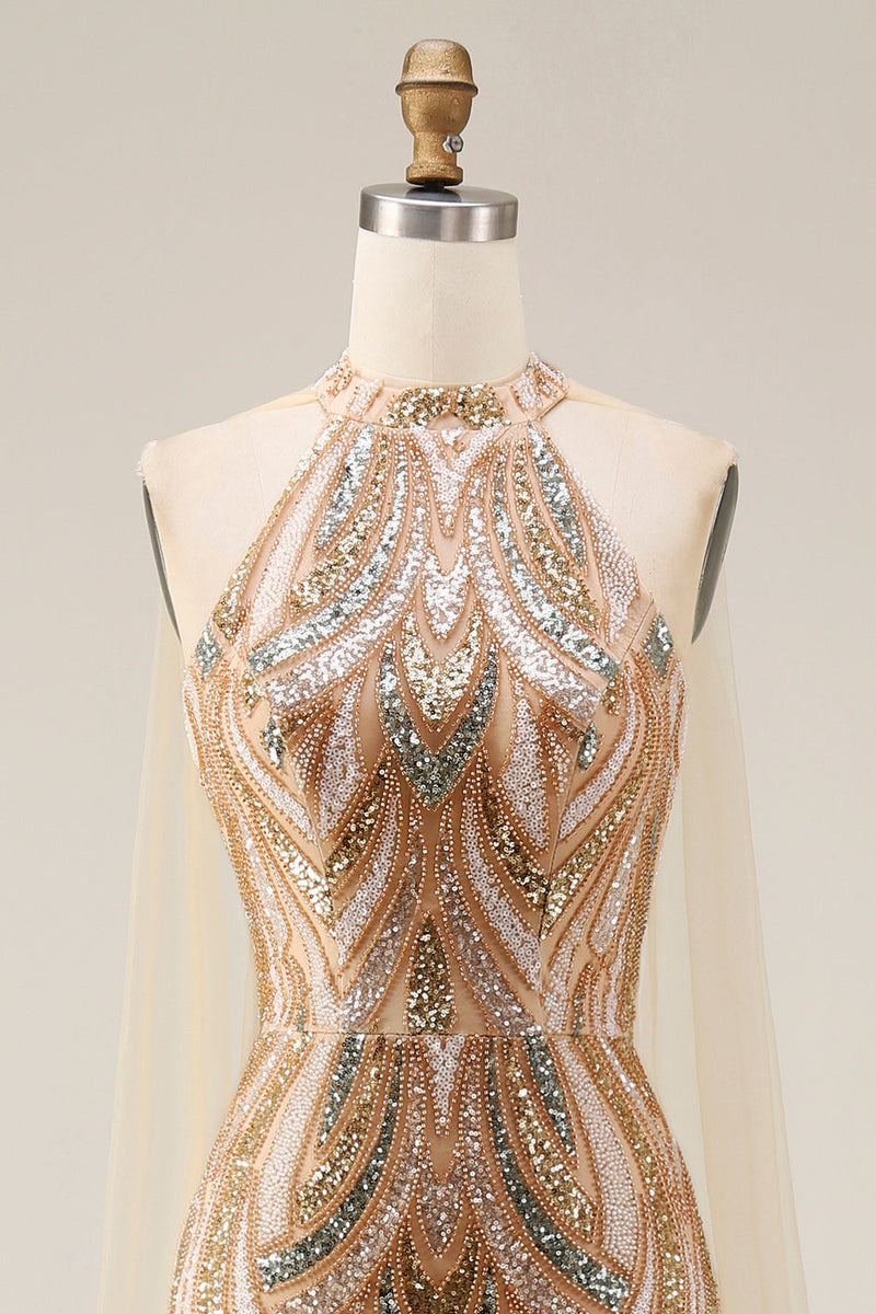 Laden Sie das Bild in den Galerie-Viewer, Glitzerndes Champagner-Halter-Meerjungfrauen-Pailletten Langes Abendkleid