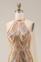 Laden Sie das Bild in den Galerie-Viewer, Glitzerndes Champagner-Halter-Meerjungfrauen-Pailletten Langes Abendkleid