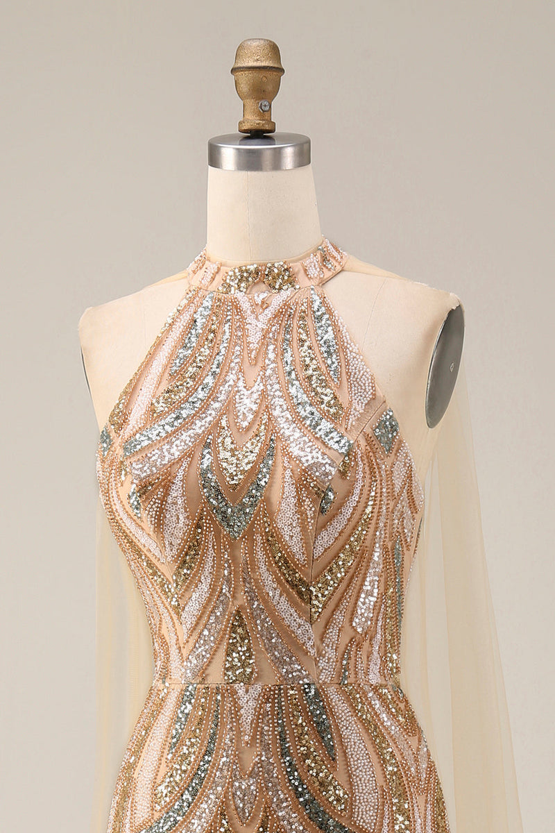Laden Sie das Bild in den Galerie-Viewer, Glitzerndes Champagner-Halter-Meerjungfrauen-Pailletten Langes Abendkleid