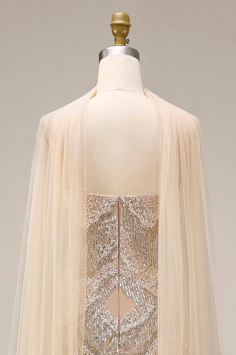 Laden Sie das Bild in den Galerie-Viewer, Glitzerndes Aprikosen-Meerjungfrauenkleid mit Perlen und Umhang