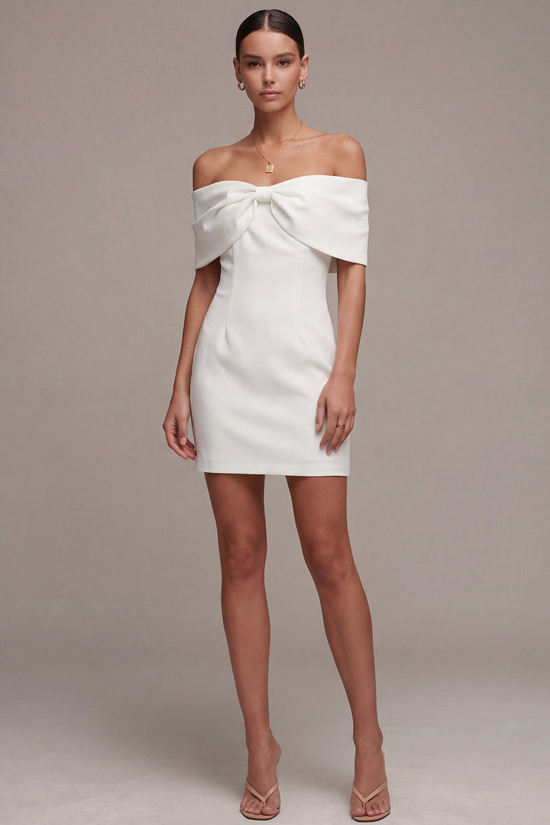 Laden Sie das Bild in den Galerie-Viewer, Weißes Schulterfreies Bodycon Standesamt Kleid mit Schleife