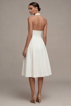 Halter A-Linie Korsett Ausgeschnitten Midi Weißes Standesamt Kleid