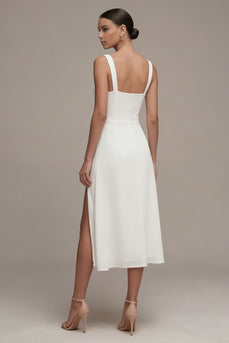 Elfenbein A-Linie Midi Standesamt Kleid mit Schlitz