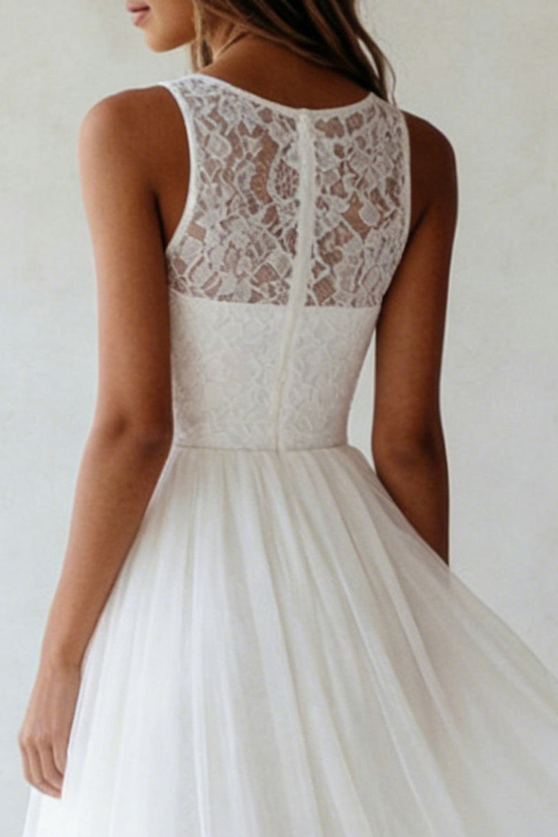 Laden Sie das Bild in den Galerie-Viewer, Weißes Standesamt Kleid mit Rundhalsausschnitt aus Tüll Spitze