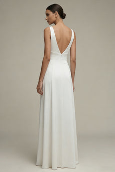 Weißes V-Ausschnitt A-Linie Satin-Langverlobungskleid