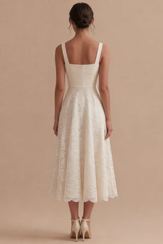 Elfenbein Spitze Quadrathals A-Linie Midi Standesamt Kleid