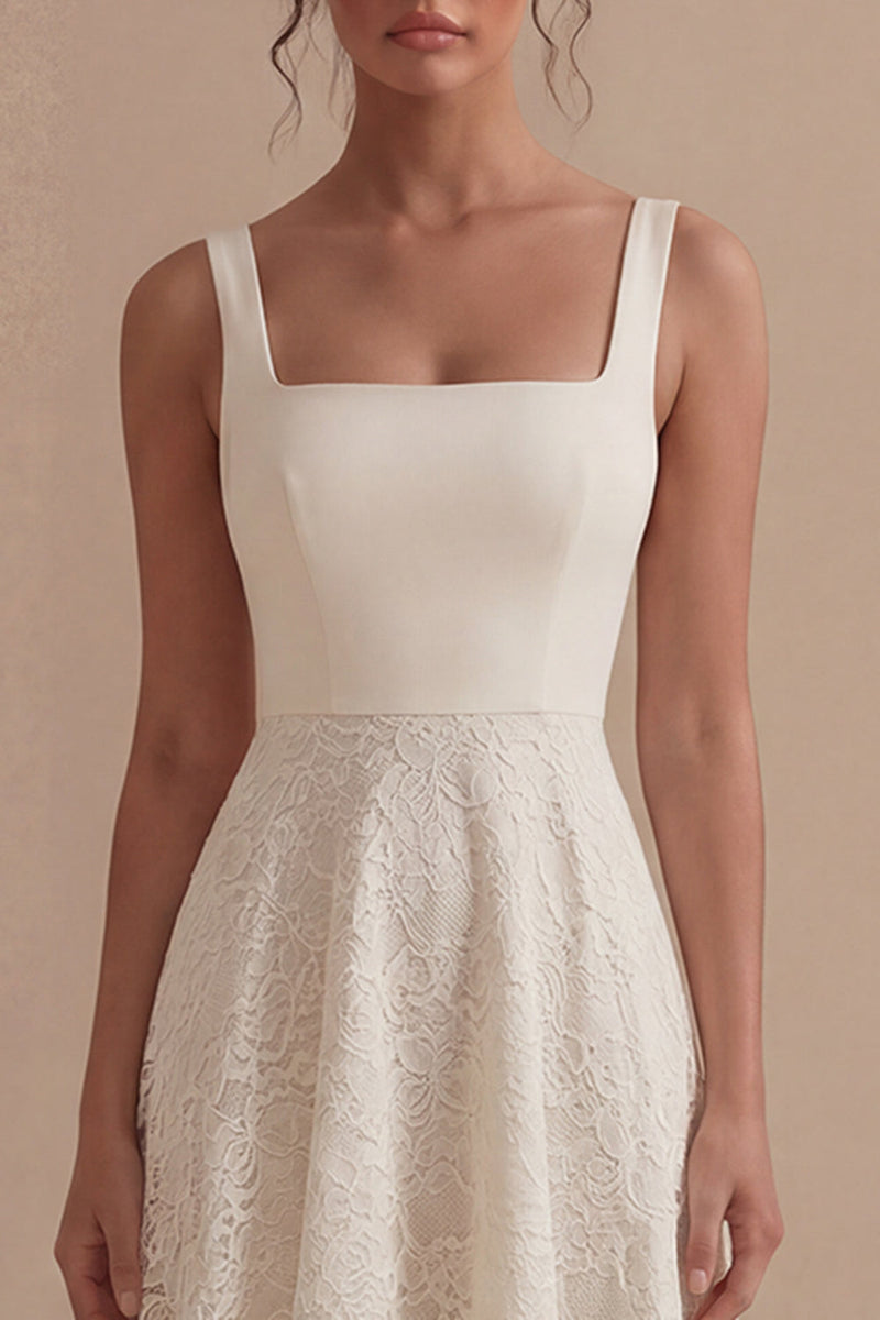 Laden Sie das Bild in den Galerie-Viewer, Elfenbein Spitze Quadrathals A-Linie Midi Standesamt Kleid