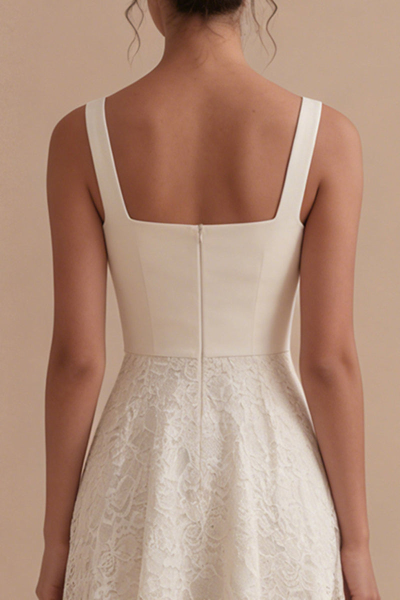 Laden Sie das Bild in den Galerie-Viewer, Elfenbein Spitze Quadrathals A-Linie Midi Standesamt Kleid