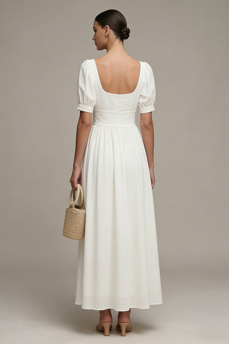 Laden Sie das Bild in den Galerie-Viewer, Weißes A-Linie Chiffon Puffärmel Langes Standesamt Kleid