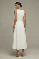 Laden Sie das Bild in den Galerie-Viewer, Weißes Rundhals Ärmelloses A-Linie Standesamt Kleid
