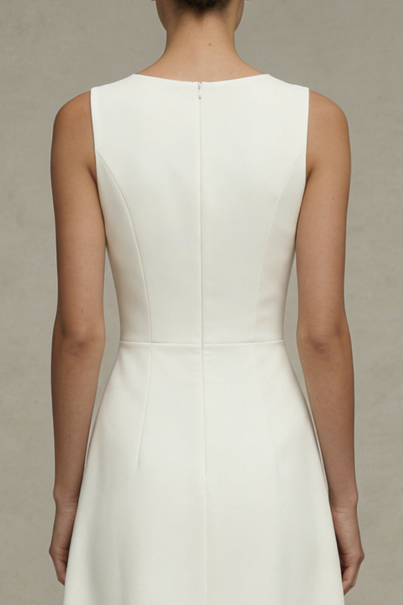 Laden Sie das Bild in den Galerie-Viewer, Weißes Rundhals Ärmelloses A-Linie Standesamt Kleid