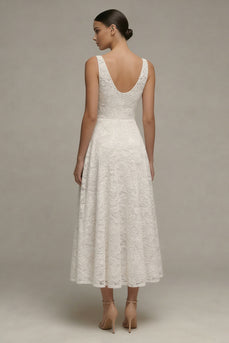 Elfenbein V-Ausschnitt A-Linie Spitze Standesamt Kleid