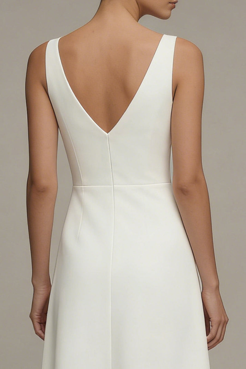 Laden Sie das Bild in den Galerie-Viewer, Weißes V-Ausschnitt Ärmelloses A-Linie Satin Standesamt Kleid