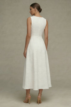 Weißes Rundhals Jacquard A-Linie Standesamt Kleid