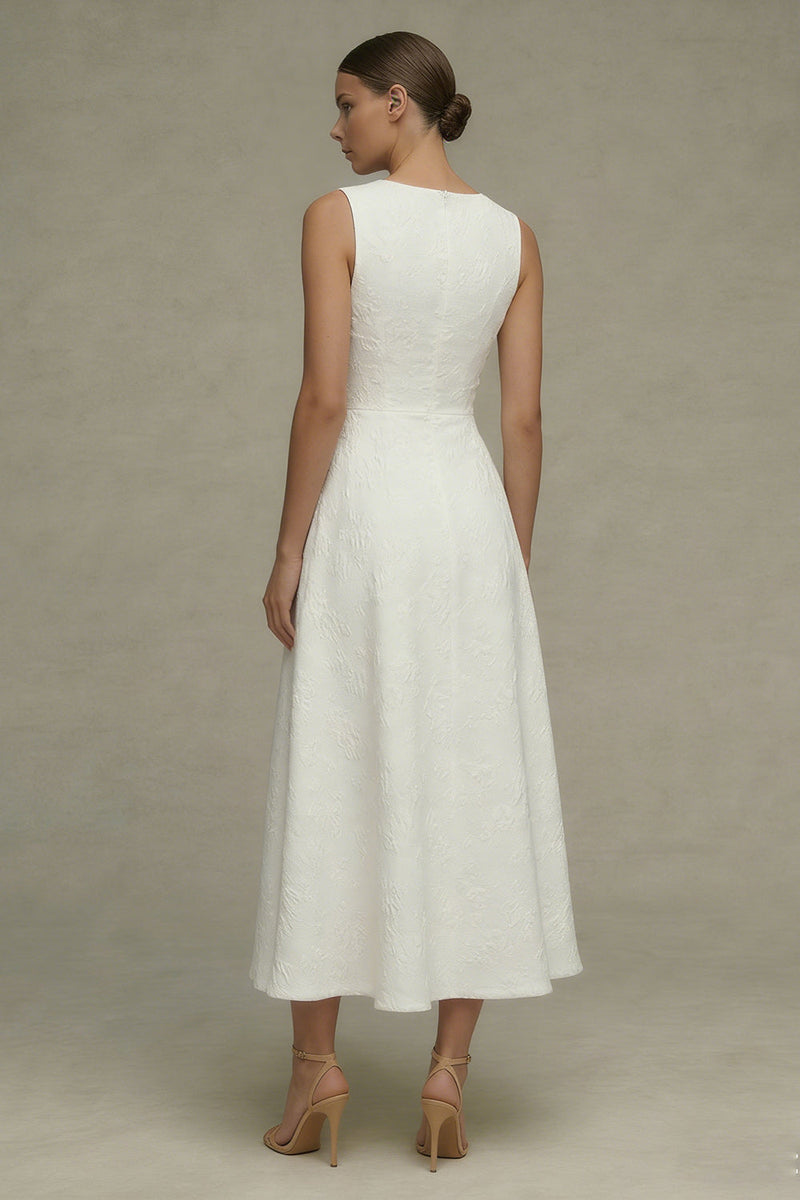 Laden Sie das Bild in den Galerie-Viewer, Weißes Rundhals Jacquard A-Linie Standesamt Kleid