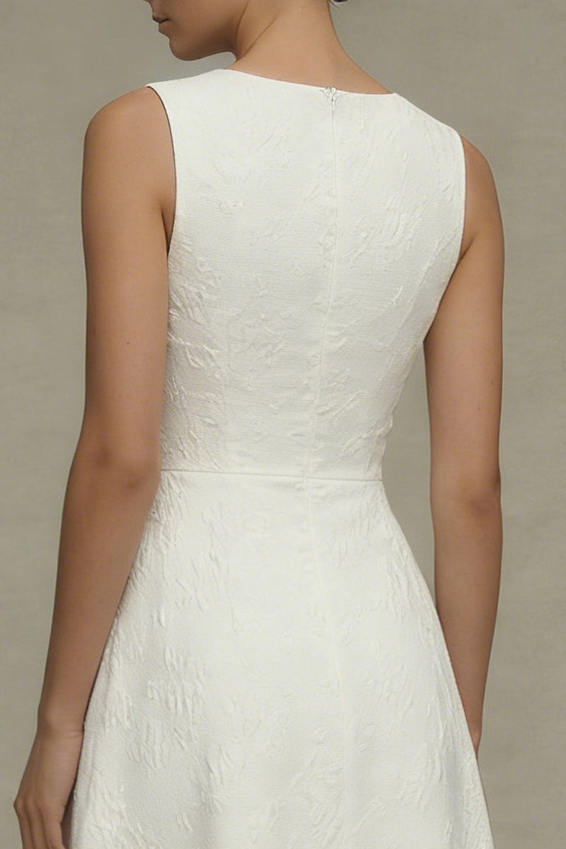 Laden Sie das Bild in den Galerie-Viewer, Weißes Rundhals Jacquard A-Linie Standesamt Kleid