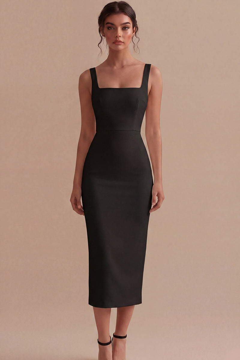 Laden Sie das Bild in den Galerie-Viewer, Weißes Sheath Midi Satin Standesamt Kleid mit Quadrathals