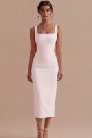 Laden Sie das Bild in den Galerie-Viewer, Weißes Sheath Midi Satin Standesamt Kleid mit Quadrathals