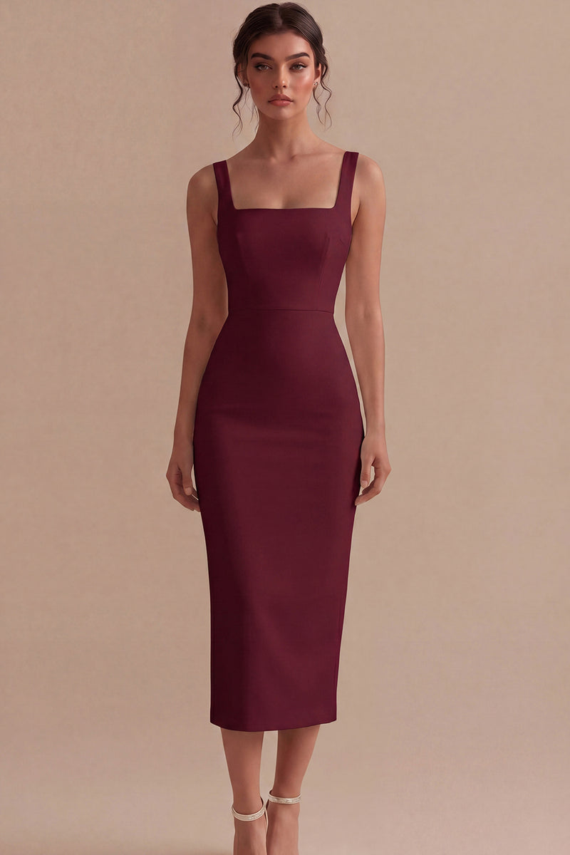 Laden Sie das Bild in den Galerie-Viewer, Weißes Sheath Midi Satin Standesamt Kleid mit Quadrathals