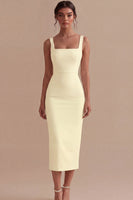 Laden Sie das Bild in den Galerie-Viewer, Weißes Sheath Midi Satin Standesamt Kleid mit Quadrathals