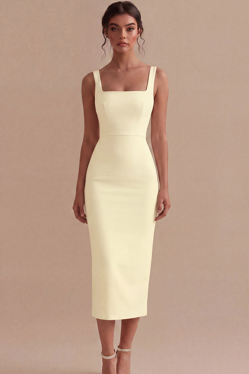 Laden Sie das Bild in den Galerie-Viewer, Weißes Sheath Midi Satin Standesamt Kleid mit Quadrathals