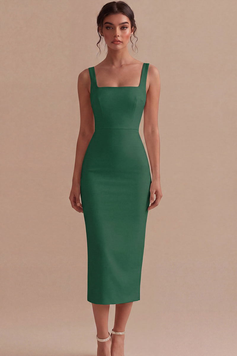 Laden Sie das Bild in den Galerie-Viewer, Weißes Sheath Midi Satin Standesamt Kleid mit Quadrathals