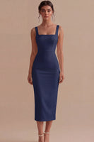 Laden Sie das Bild in den Galerie-Viewer, Weißes Sheath Midi Satin Standesamt Kleid mit Quadrathals